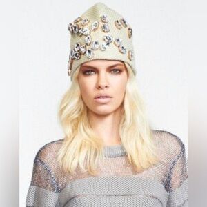 House Of Holland Raffia Rhinestone Crystals Beige Beanie Hat NWT